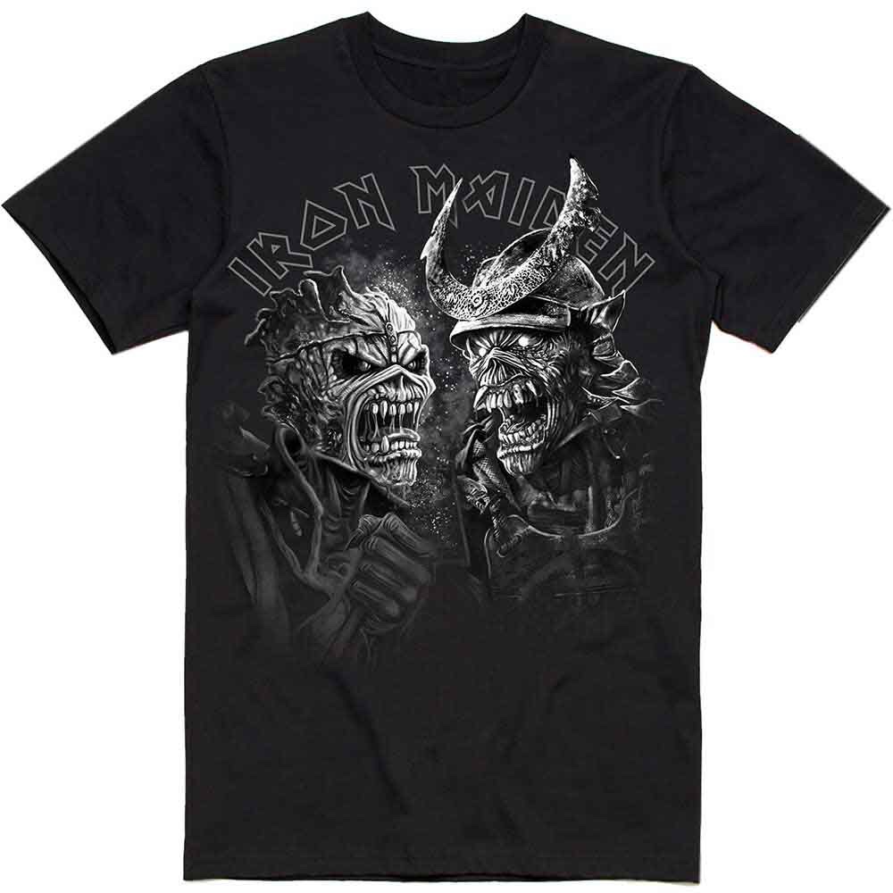 Iron Maiden© “Senjutsu Samurai Large Greyscale Heads” Official Band T-shirt (Black/White)