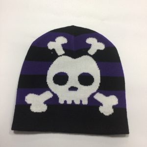 Embroidered White Skull And Strip Design Beanie (Black/White/Purple) (One Size)