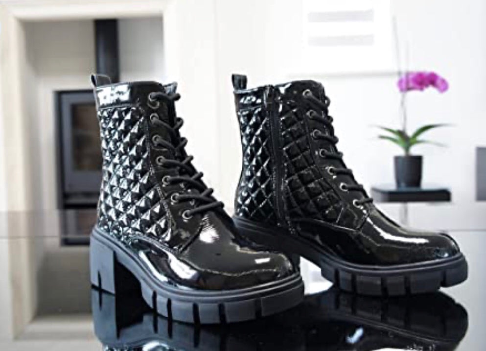 Gothic Boots Collection Patent Ankle Lace And Side Zip Up Boots (Black) (Rubber) - Image 3