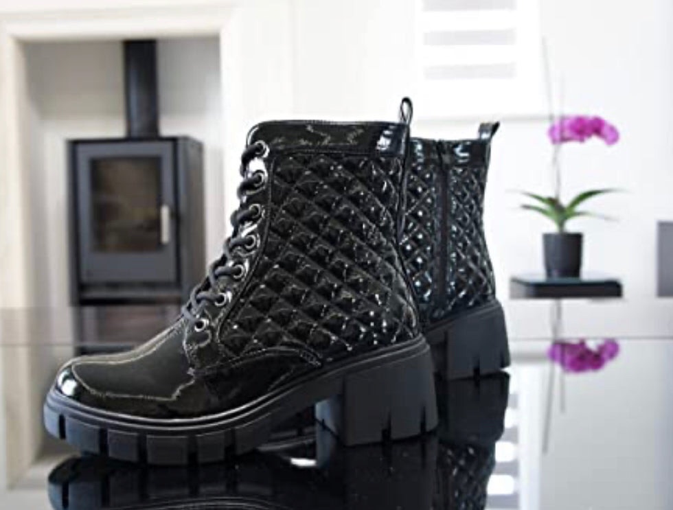 Gothic Boots Collection Patent Ankle Lace And Side Zip Up Boots (Black) (Rubber) - Image 2