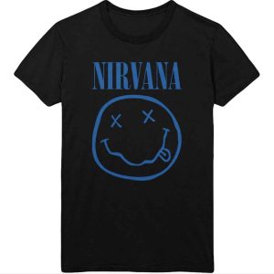 img_4144 Nirvana© “Nirvana Happy Face Blue” Official Band T-shirt (Unisex) (Black/Blue)