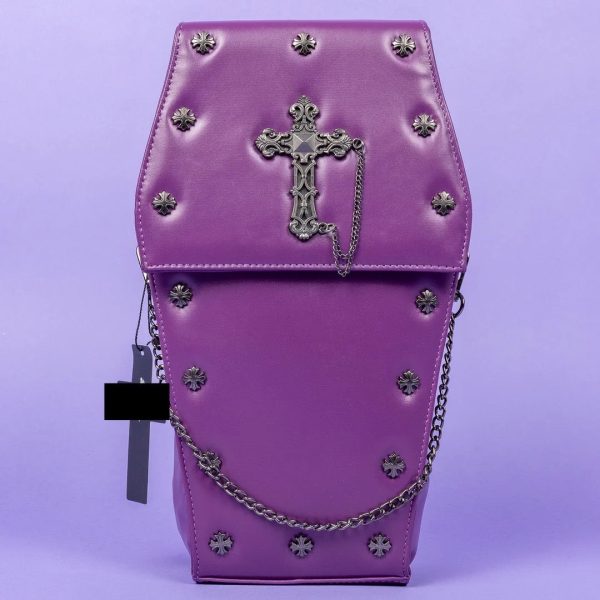 Coffin Metal Studded Cross and Chain Backpack (Purple) (37cm)