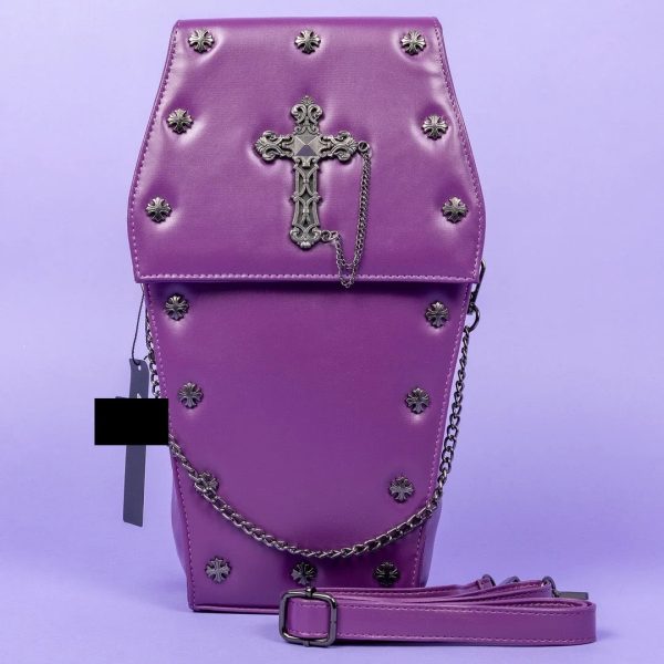Coffin Metal Studded Cross and Chain Backpack (Purple) (37cm) - Image 6