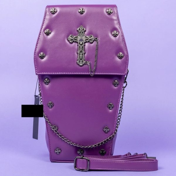 Coffin Metal Studded Cross and Chain Backpack (Purple) (37cm) - Image 3