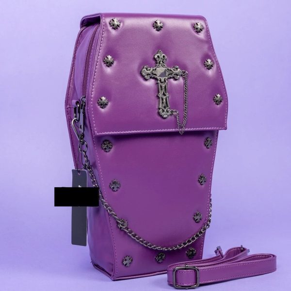 Coffin Metal Studded Cross and Chain Backpack (Purple) (37cm) - Image 2