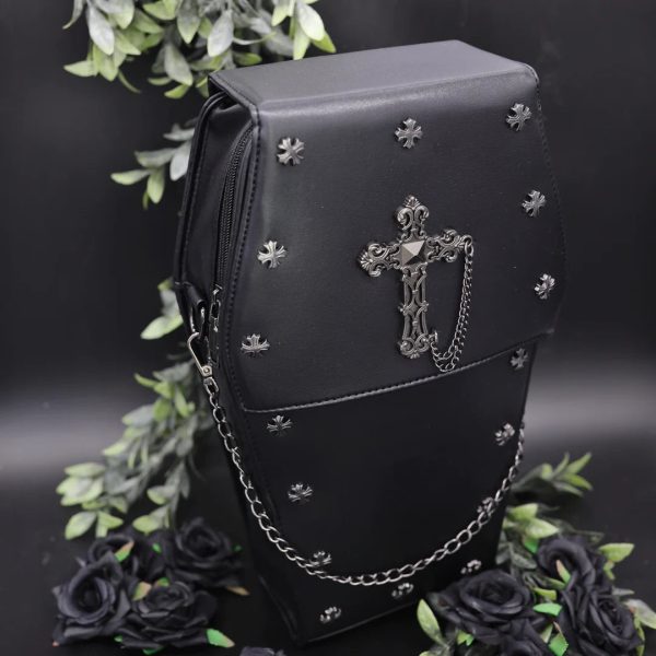 Coffin Metal Studded Cross and Chain Handbag Backpack (Black) (37cm) - Image 5