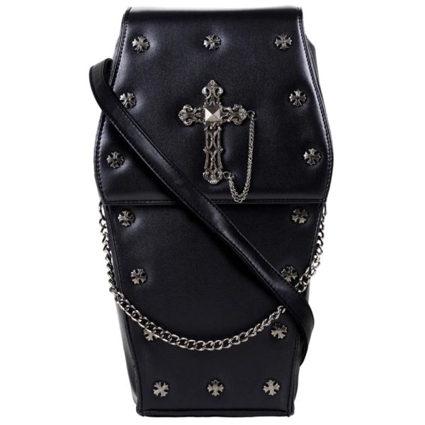 Coffin Metal Studded Cross and Chain Handbag Backpack (Black) (37cm) - Image 4