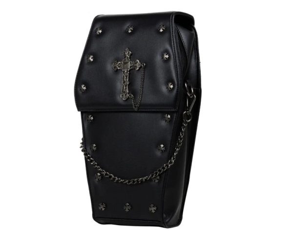 Coffin Metal Studded Cross and Chain Handbag Backpack (Black) (37cm) - Image 3