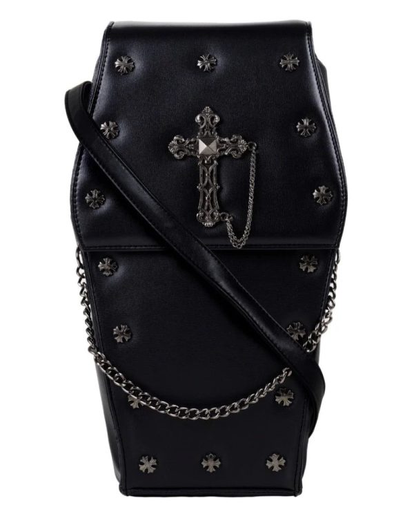 Coffin Metal Studded Cross and Chain Handbag Backpack (Black) (37cm) - Image 2