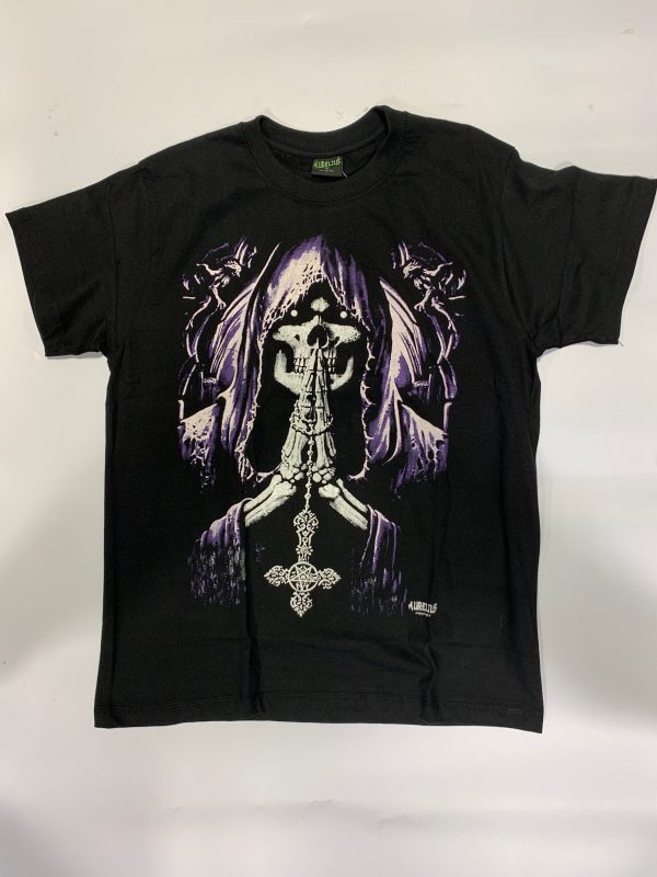 Gothic Designs Grim Reaper Priest Cross Prayers Gothic T-shirt (Purple/Black) - Image 2