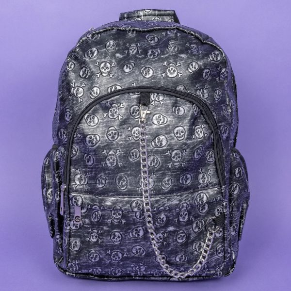 Gothic / Alternative Embossed Skull Backpack Silver Rustic Backpack (Black/White) (42cm) - Image 3