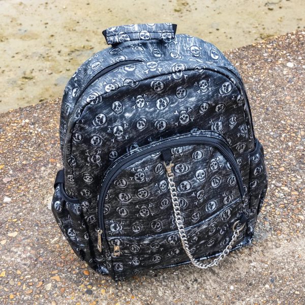 Gothic / Alternative Embossed Skull Backpack Silver Rustic Backpack (Black/White) (42cm) - Image 2