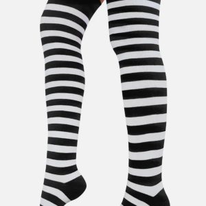 Gothic Stripped Black And White Knee High Socks Stockings (One Size) (Black/White)