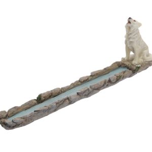 WOLF40 Protector of the North River Spirit Wolf Ashcatcher Incense Stick Burner (8cm) (White/Stone)