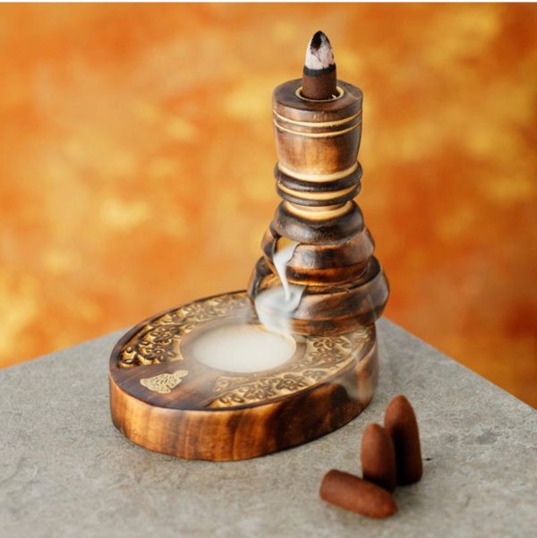 Flower Garden Carved Mango Wood Backflow Incense Burner (Brown) (12cm)