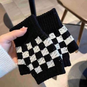 img_5004 Gothic Black And White Checkered Fingerless Gloves (Black/White) (One Size)