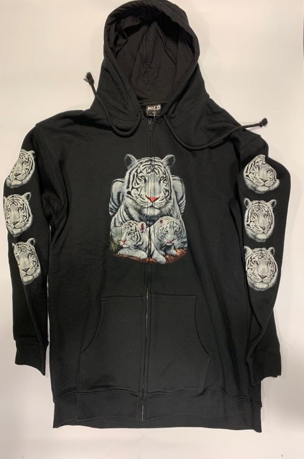 Gothic Designs 3D Tiger Family Cubs in Jungle Fields Gothic Hoodie (White/Black) (Zip-Up Hoodie)