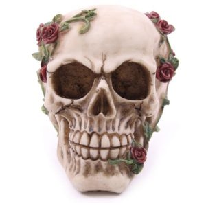 img_5267 Gothic Skull with Roses Valentine Romance Ornament Statue (11cm) (Bone/Red/Green)