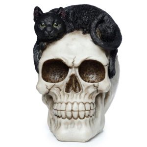 Skull with Black Cat Ornament SK344 (14cm) (Black/Bone)