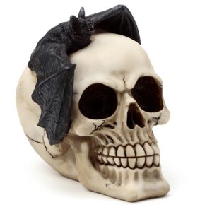 SK377 Gruesome Skull Head with Bat Decoration (15cm) (Black/Bone)