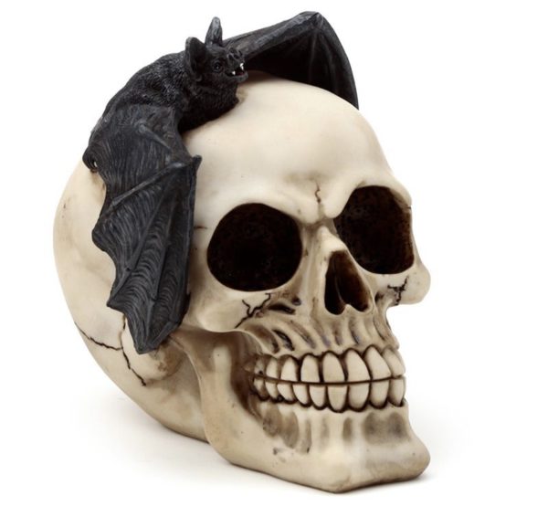 SK377 Gruesome Skull Head with Bat Decoration (15cm) (Black/Bone)