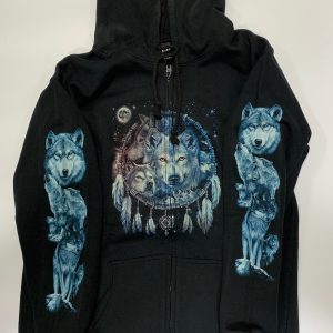 Gothic Designs Wolf Night Skies Blue Aura Dreamcatcher Hoodie (Double Sided) (Zip-Up Hoodie)