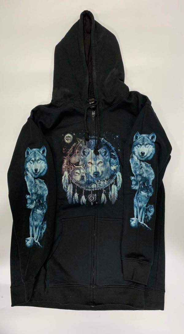 Gothic Designs Wolf Night Skies Blue Aura Dreamcatcher Hoodie (Double Sided) (Zip-Up Hoodie)