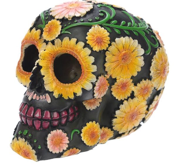 Day of the Dead Skull Head with Daisy Floral Motif Black/Yellow Daisy Sugar Skull SK268 (11.5cm)