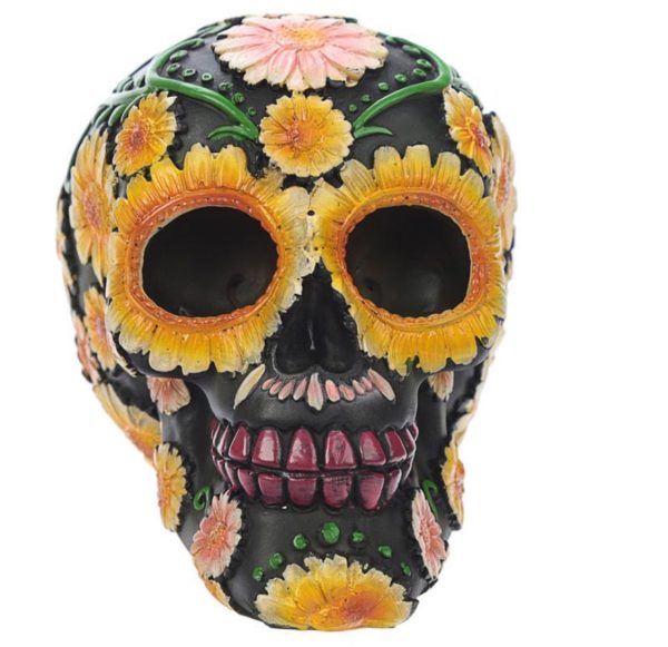 Day of the Dead Skull Head with Daisy Floral Motif Black/Yellow Daisy Sugar Skull SK268 (11.5cm) - Image 10