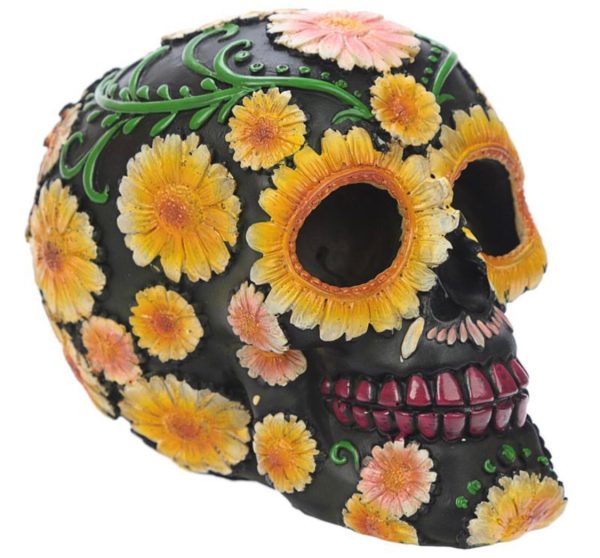 Day of the Dead Skull Head with Daisy Floral Motif Black/Yellow Daisy Sugar Skull SK268 (11.5cm) - Image 7