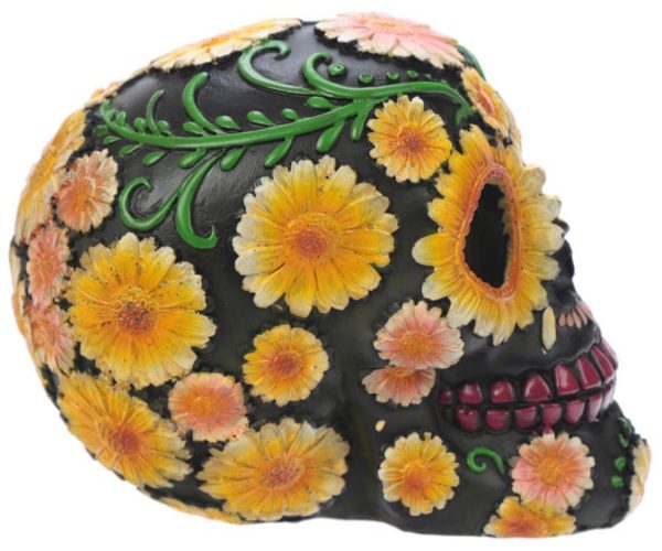 Day of the Dead Skull Head with Daisy Floral Motif Black/Yellow Daisy Sugar Skull SK268 (11.5cm) - Image 5