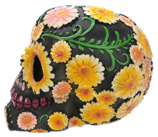 Day of the Dead Skull Head with Daisy Floral Motif Black/Yellow Daisy Sugar Skull SK268 (11.5cm) - Image 2