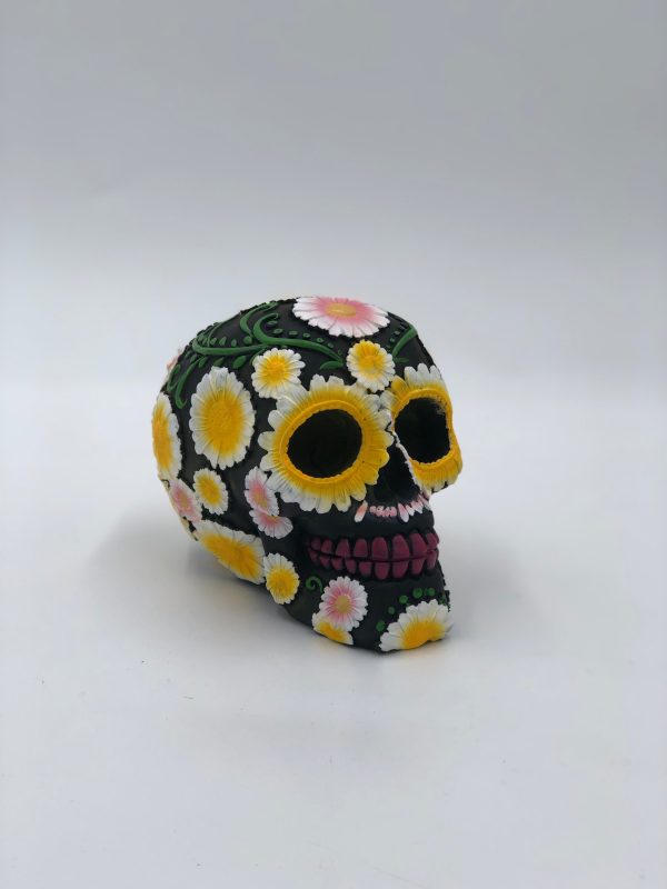 Day of the Dead Skull Head with Daisy Floral Motif Black/Yellow Daisy Sugar Skull SK268 (11.5cm) - Image 4