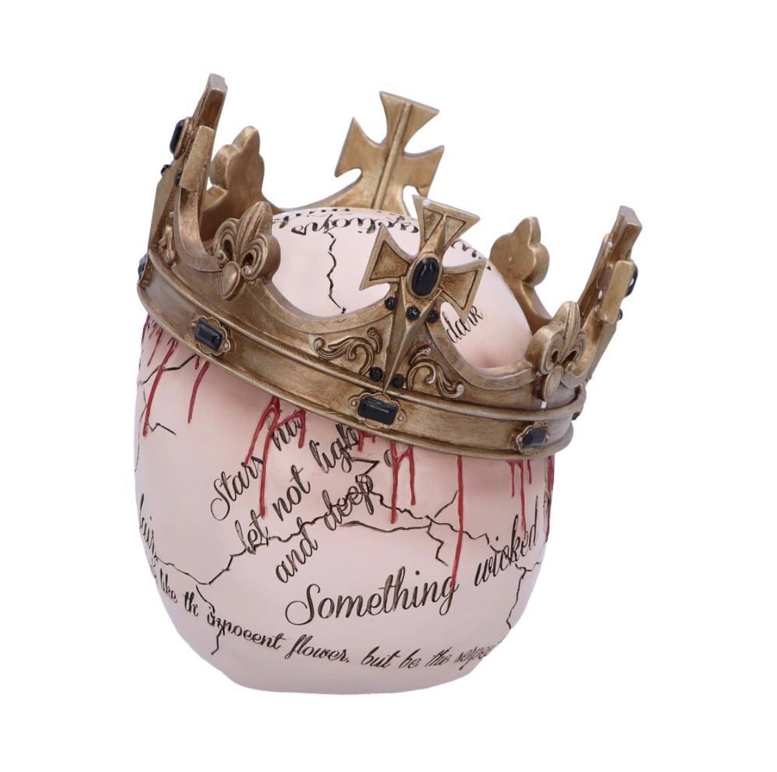 Nemesis Now© “Macbeth” Blood Scribe Writing Skull with Crown (15cm) (Bone/Gold) - Image 6