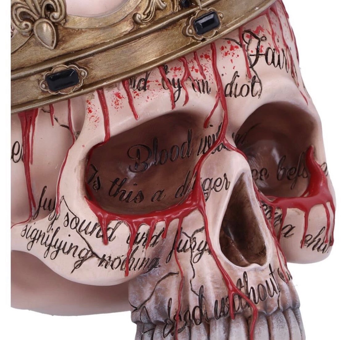 Nemesis Now© “Macbeth” Blood Scribe Writing Skull with Crown (15cm) (Bone/Gold) - Image 3