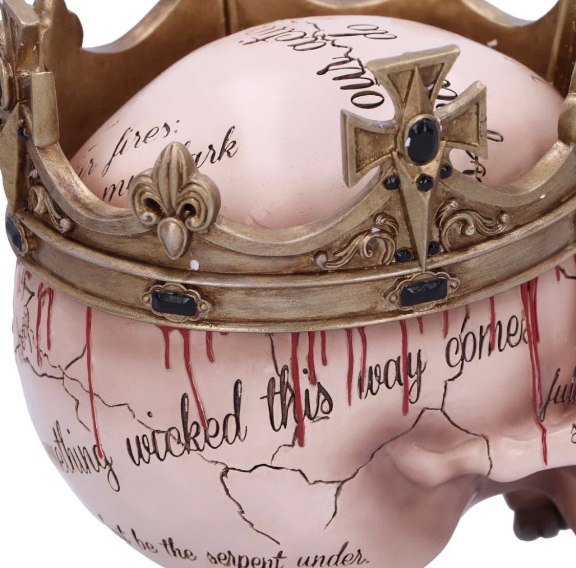 Nemesis Now© “Macbeth” Blood Scribe Writing Skull with Crown (15cm) (Bone/Gold) - Image 5