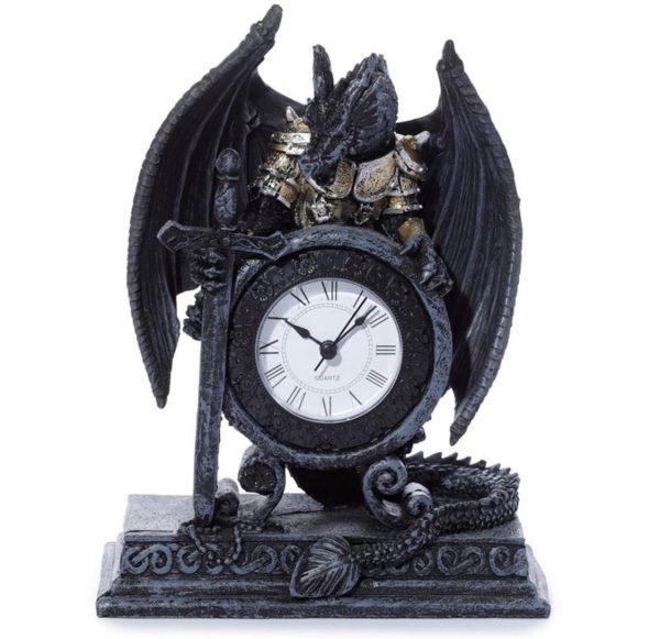 Gothic Style Dragon in Armour Mantle With Sword Clock (20cm) (Black/Gold)