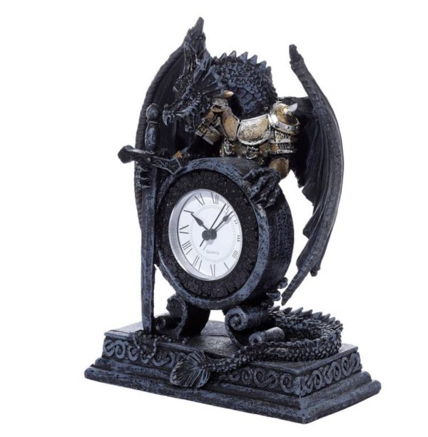 Gothic Style Dragon in Armour Mantle With Sword Clock (20cm) (Black/Gold) - Image 2