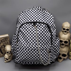 Gothic / Alternative White Checkerboard Backpack Bag With Gothic Chain (Black/White) (42cm)