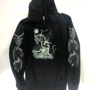 Gothic Designs Moonlight Dragon Sitting On Throne Of Skulls Hoodie (Double Sided) (Zip-Up Hoodie)