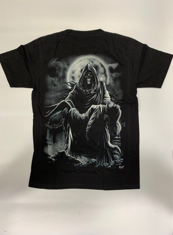 Gothic Designs Grim Reaper Holding Dying Lover Midnight Moon Graveyard T-shirt (Double Side) - Image 2