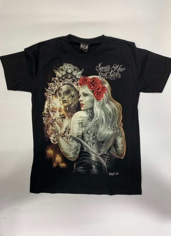 Gothic Designs Lady With Tattoos And Roses Beauty And The Mirror T-shirt (Double Side)