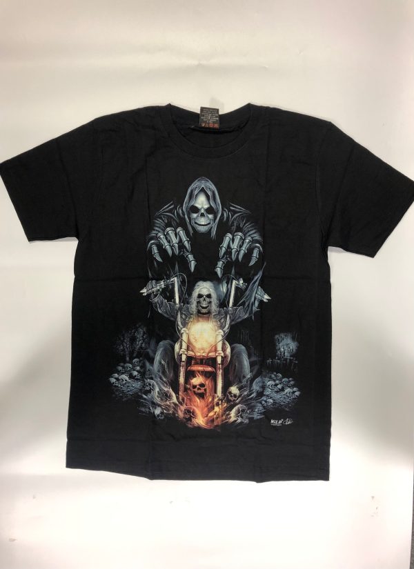 Gothic Designs Skeleton Biker Versus Grim Reaper Bike Forest Chase Gothic T-shirt (Double Side)