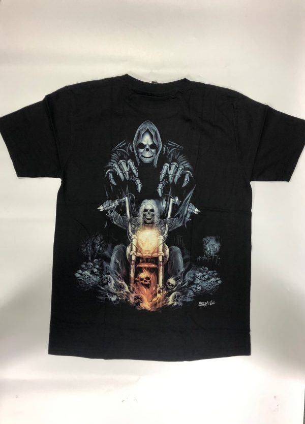 Gothic Designs Skeleton Biker Versus Grim Reaper Bike Forest Chase Gothic T-shirt (Double Side) - Image 2