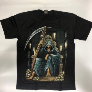 Gothic Designs Grim Reaper Skeleton Sitting In Skull Cave Throne Gothic T-shirt (Black)(Double Side)