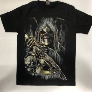 Gothic Designs Grim Reaper Death Warrior In Chains With Sword Biker Alliance T-shirt (Double Side)