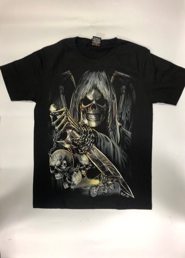 Gothic Designs Grim Reaper Death Warrior In Chains With Sword Biker Alliance T-shirt (Double Side)