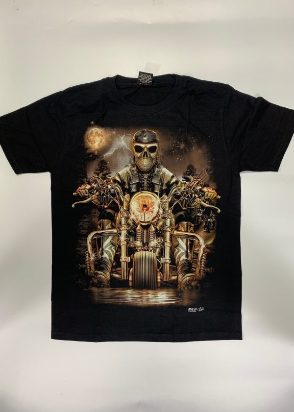 Gothic Designs Skeleton Bike Rider Midnight Biker Crew Gothic T-shirt (Black)(Double Sided)