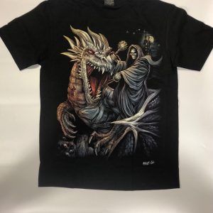 Gothic Designs Grim Reaper Battle Mace Riding Dragon Midnight Castle Chase T-shirt (Double Sided)