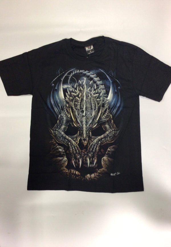 Gothic Designs Dragon Lighting Cave Mountain Gothic T-shirt (Black/Grey/Blue) (Double Sided)